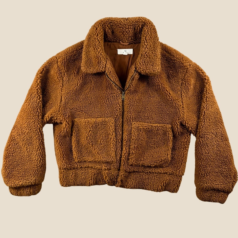 Thread & Supply Jacket Women M Copper Sherpa Fleece Crop Zip Up Teddy Warm Cozy
